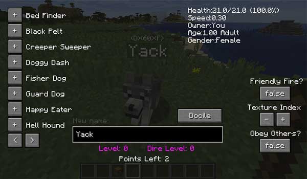 image where we can see the menu of skills that we can improve our wolves, thanks to the Doggy Talents mod.