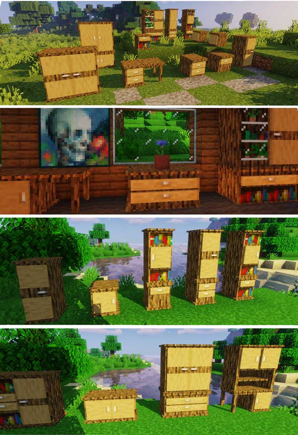 Image composed by four images where we can see some of the furniture that we will be able to make with the Macaw's Furniture Mod.