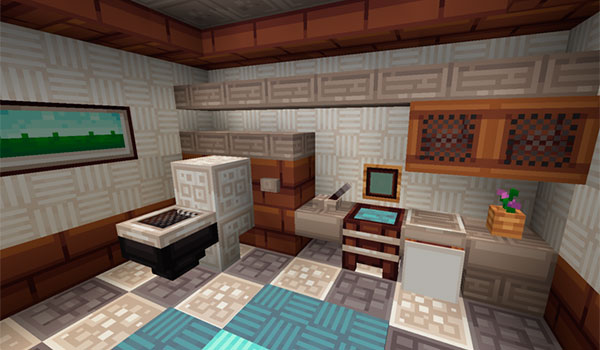 image of the interior of a bathroom in Minecraft, decorated with the quadral texture pack.