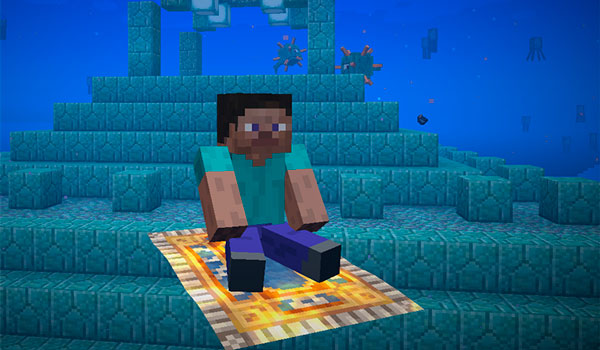 Image where we can see a character using a magic carpet, added by The Flying Things Mod, under water.