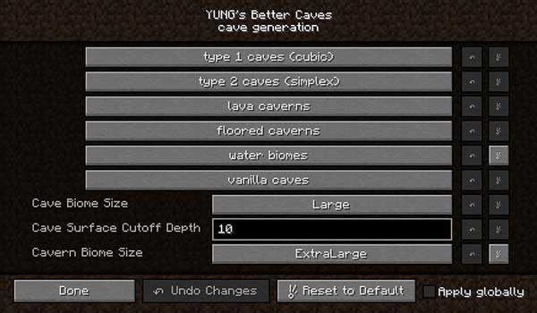 Image where we can see the configuration menu offered by Yung's Better Caves mod.