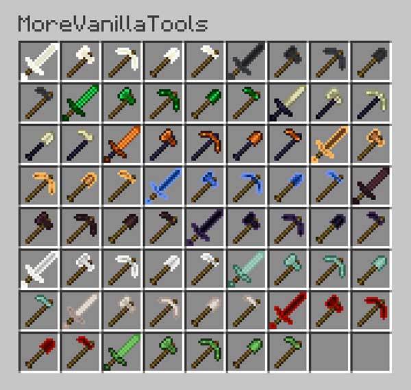 Image where we can see the new weapons and tools that we can make with the More Vanilla Tools Mod.