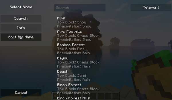 Image where we can see the biome selection menu, which we want the compass of Nature's Compass Mod to show us.