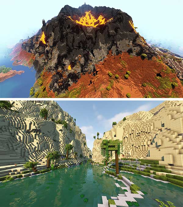 Composite image where we can see two examples of the new generation of terrain and biomes offered by the Terralith mod.