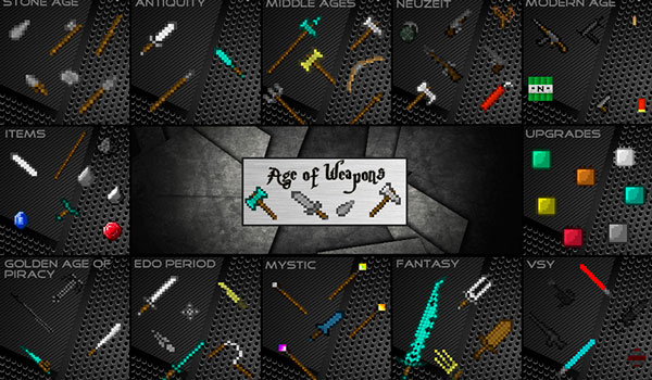Image where we can see some of the weapons and objects that we will be able to use after installing the mod Age of Weapons.