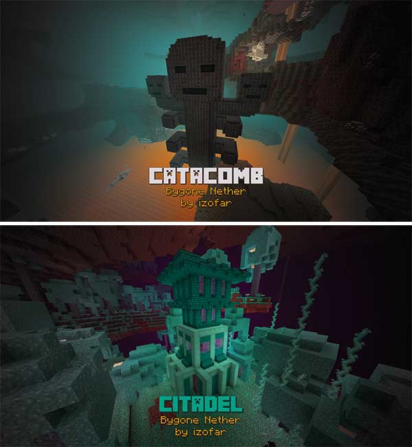 Composite image where we can see two examples of the new structures that will be generated with the Bygone Nether mod installed.