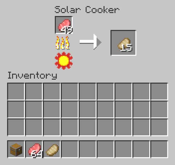 Image where we can see the inventory of the solar stove that we can make with the Solar Cooker mod.
