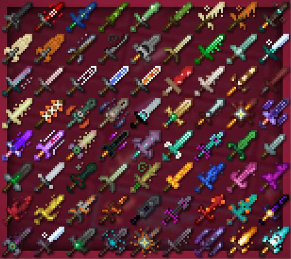 Image where we can see all the new variants of swords that we can make with the Useless Sword mod.