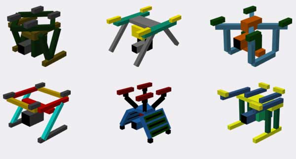 Image where we can see all the variants of combat drones that we can make and use with the K-Turrets mod.