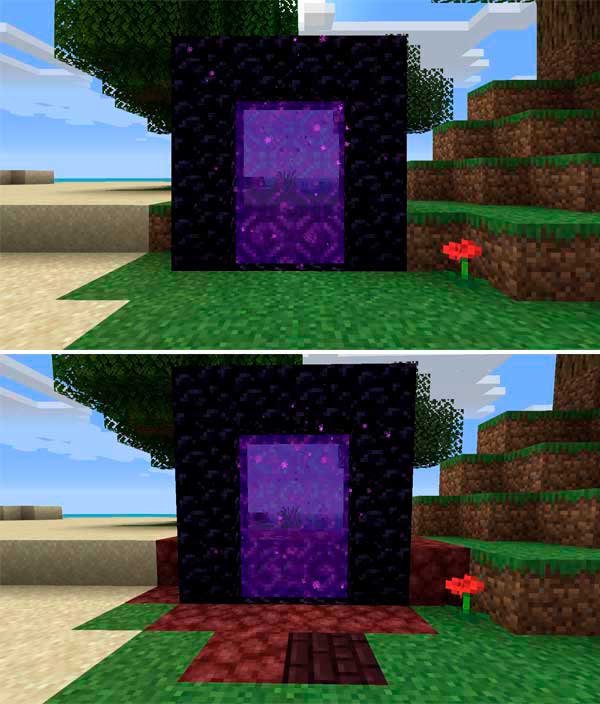 Composite image comparing the appearance of a default Nether portal with the Nether portal that will be generated by the Nether Portal Spread Mod.