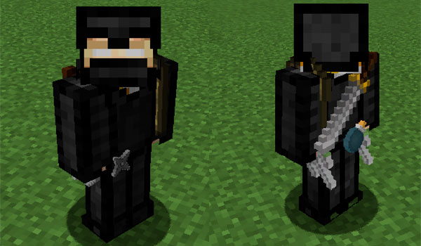image where we see a Minecraft player, front and back, showing his ninja costume and ninja weapons.