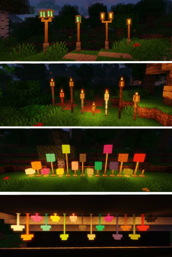 Composite image where we can see some of the new lighting objects offered by Macaw's Lights and Lamps mod.