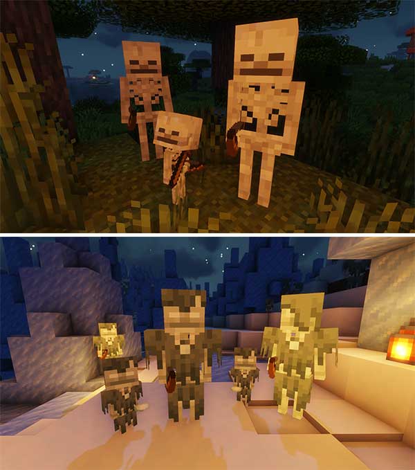 Image where we can see the miniature versions, created by the Tiny Skeletons mod, of the various types of skeletons in Minecraft.