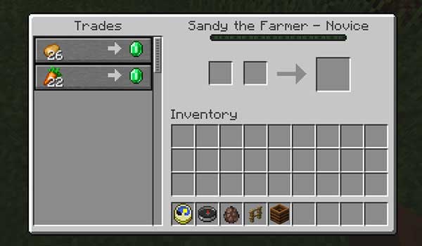 Image where we can see the inventory of a villager named Sandy, thanks to the Villager Names mod.