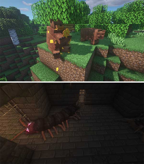 Composite image where we can see a couple of examples of the new creatures that will be generated with the Alex's Mobs mod.