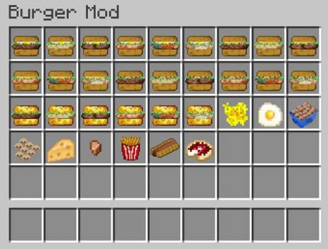 Image where we can see all the types of hamburger, sandwiches and other foods that we can make with Autovw's Burger mod.