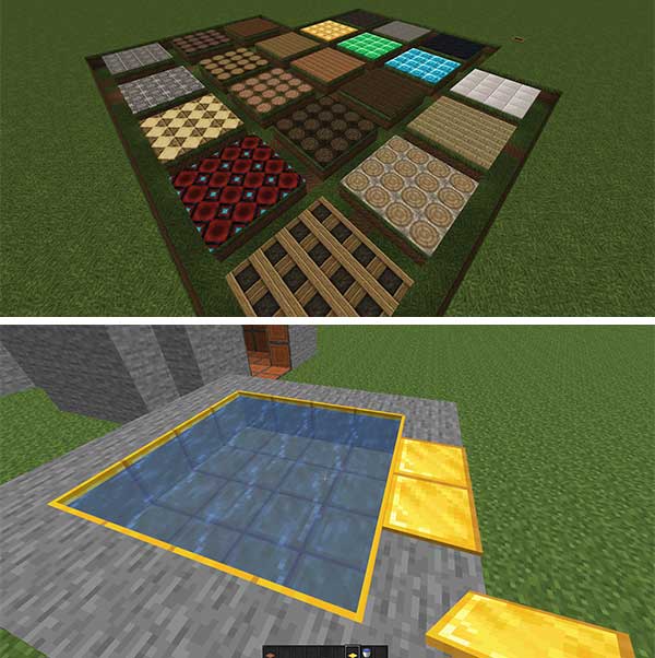 Composite image where we can see two examples of the new floor blocks offered by the Awesome Flooring mod.