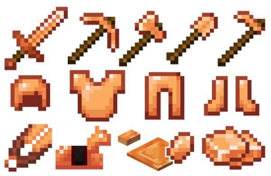 Image where we can see the weapons, tools, armor and copper objects that we can make with the Copper Equipment mod.