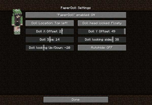 Image where we can see the configuration menu of the options offered by the Paper Doll mod.