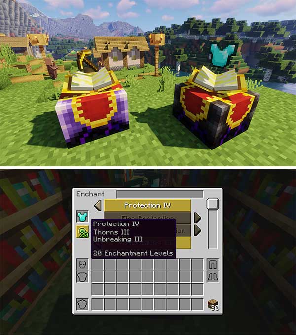 Image where we can see the appearance of the enchantment tables offered by the Enchanting Infuser mod, and their graphical interface.