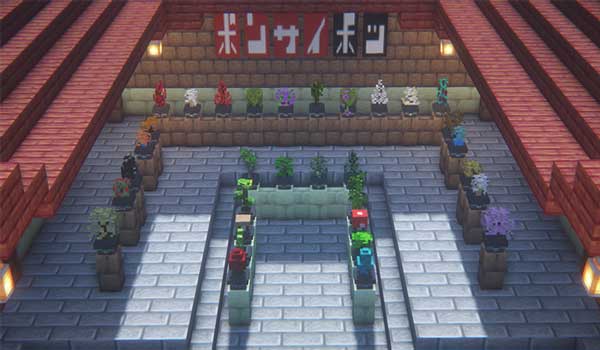 Aerial image of a patio where you can see a display with the bonsai offered by the Bonsai Pots Texture Pack.