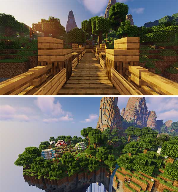 Composite image where we can see two areas of the floating islands that we will find after installing the Sky Islands map.