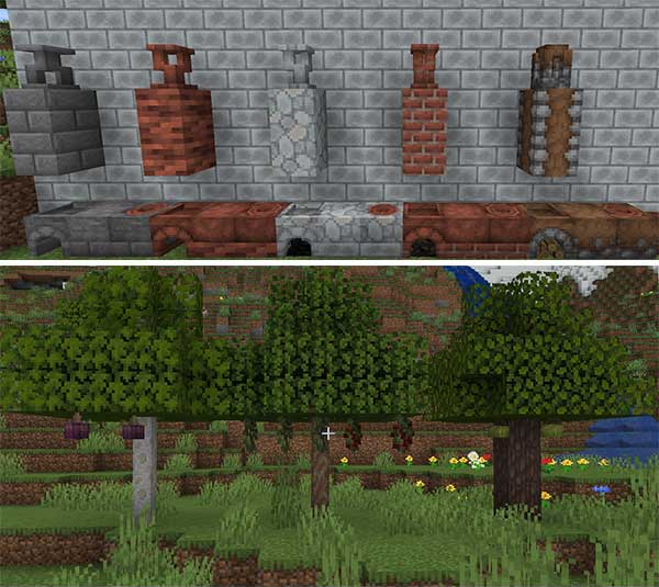 Composite image where we can see the chimneys, ovens and fruit trees that adds, among many other things, the mod Caupona.