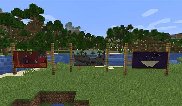 Image where we can see three paintings, from the Dimensional Paintings mod, that will allow us to travel to any of the three dimensions of Minecraft.