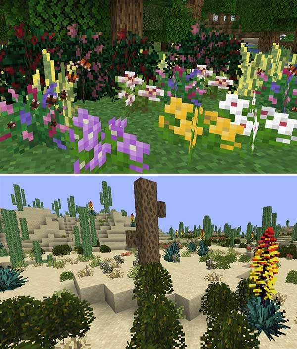 Composite image where we can see some of the new natural decorative elements that we can use with the Natural Decor Mod.