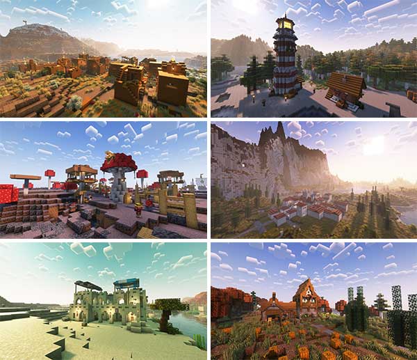 Composite image where we can see a part of the new structures and towns added by the Towns and Towers mod.