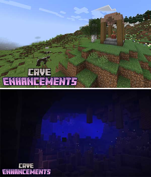 Composite image where we can see an entrance and the interior of a cave, both generated by the Cave Enhancements mod.