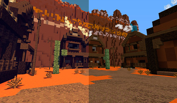 Image where we can see a landscape of the Mesa biome using the textures of the PixaGraph texture package.