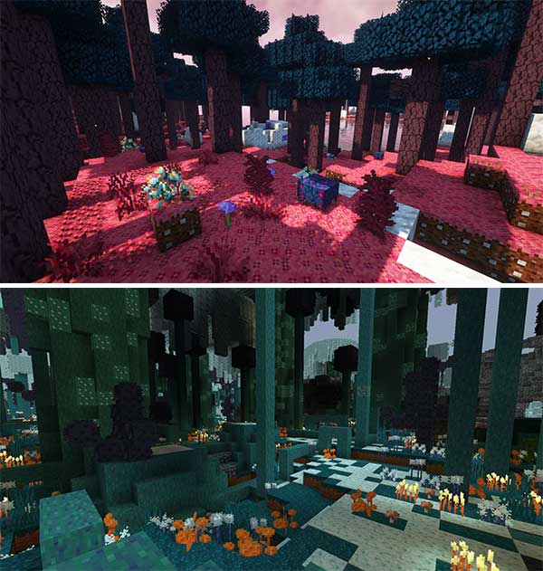 Composite image where we can see two of the new fantastic biomes that the Dreamland Biomes mod will add to our Minecraft worlds.