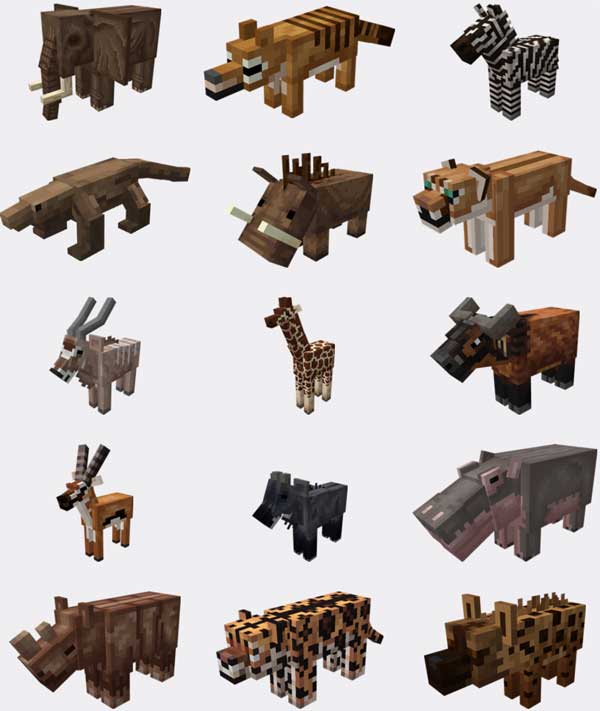 Image where we can see all the animal species added by the Pangea Ultima mod.