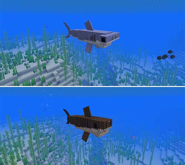 Composite image where we can see two shark specimens, generated with the Sharks mod.