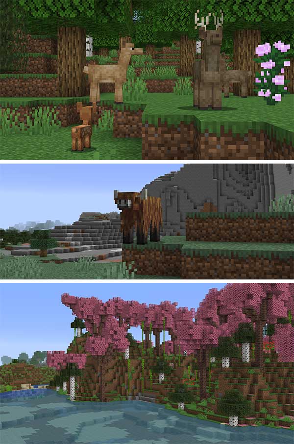 Composite image where we can see some animals and landscapes added by the Environmental mod.