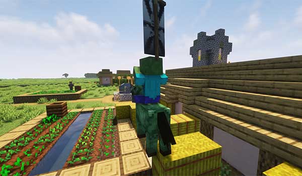 Image where we can see one of the factions added by the FactionCraft mod entering a village.