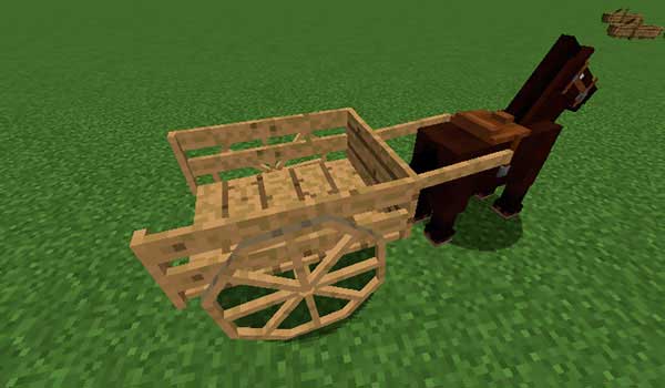 Image where we can see a horse transporting one of the wooden carts that will allow us to manufacture the Horse Cart mod.