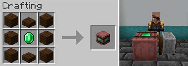 Image where we can see how to make the tank of the Productive Villagers mod and how it is placed in a villager's stall.